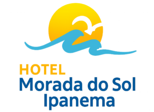 Logo do Hotel Morada do Sol Ipanema, com sol amarelo, ondas azuis estilizadas e efeito de brilho neon.